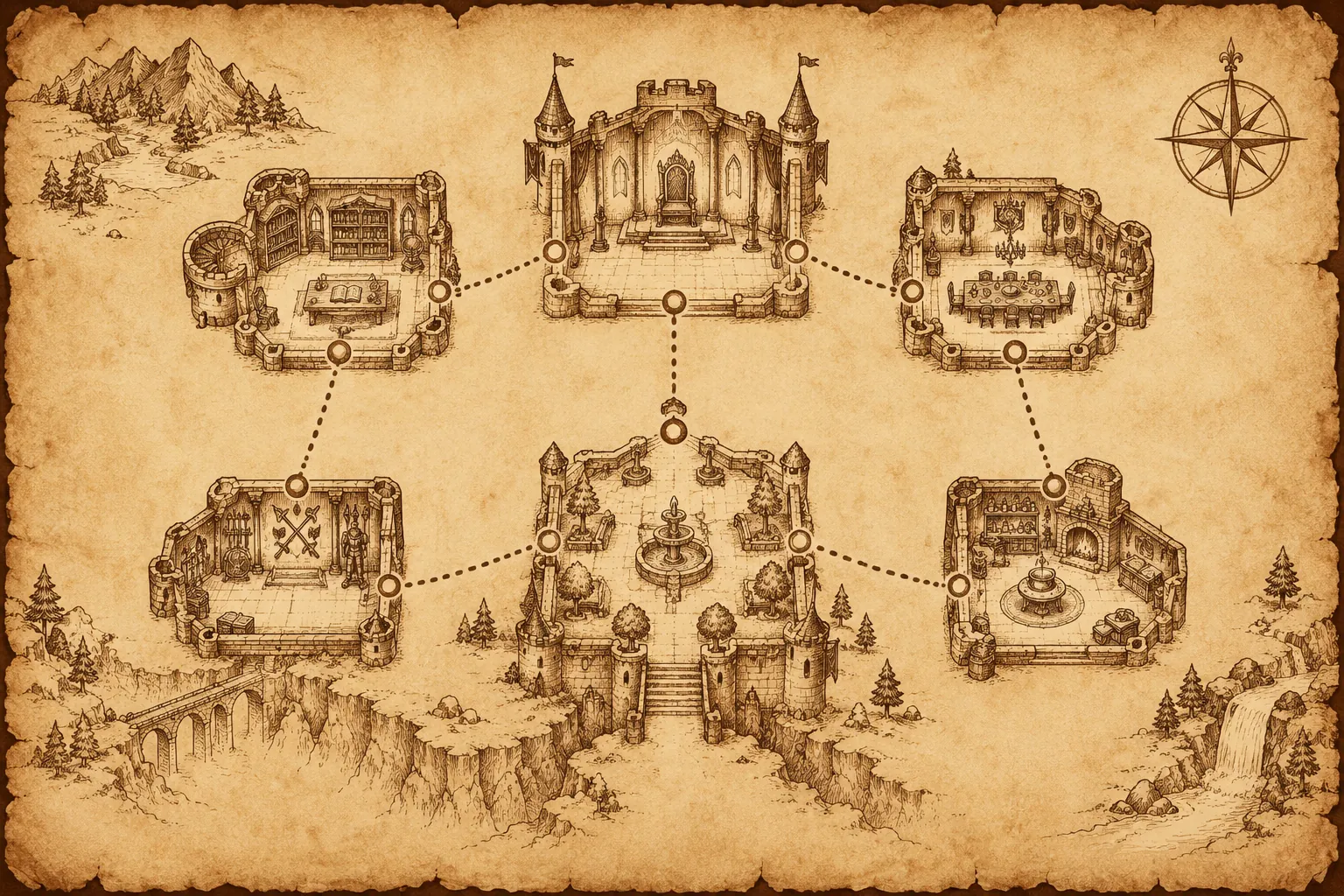 Hand-drawn parchment map of a castle with six rooms joined by dotted paths