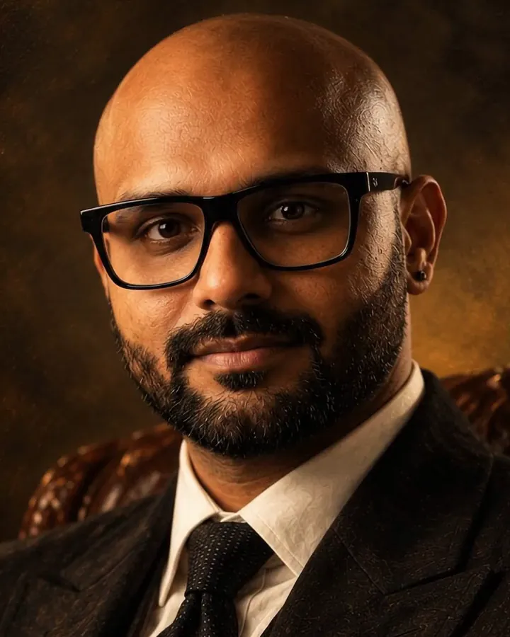 Painted portrait of Dushyanth Ramalingam in a dark suit